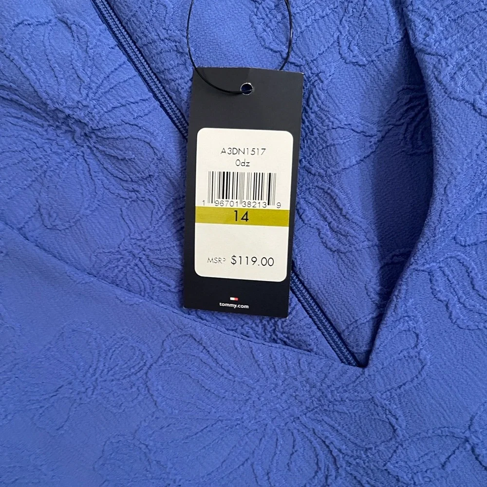 NWT Tommy Hilfiger Blue Dress with Floral jacquard embroidered puff sleeves - Picture 7 of 11